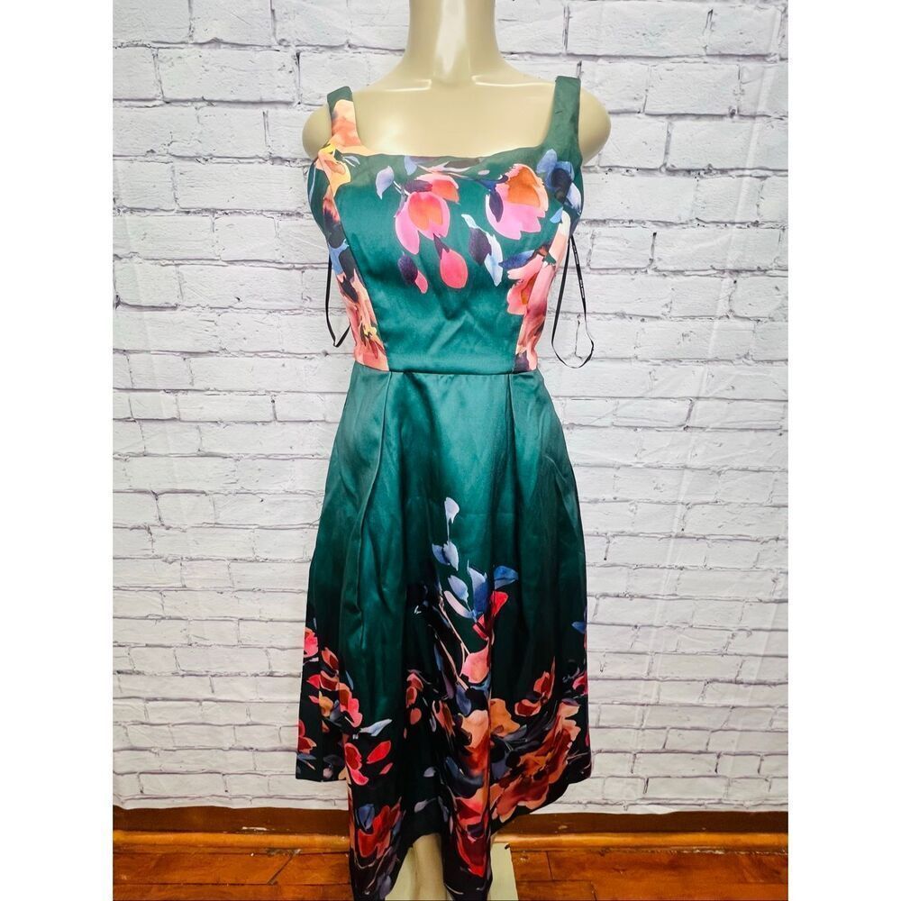 Julia Jordan Womens Green Multi Floral Mikado Pleated Fit & Flare Dress Sz 4 - Picture 1 of 9